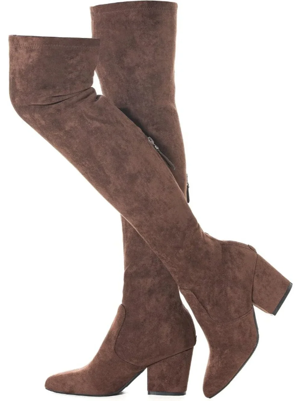 Women's Coffee 3 Inch Pointed Toe Chunky Block Heel Over The Knee High Boots